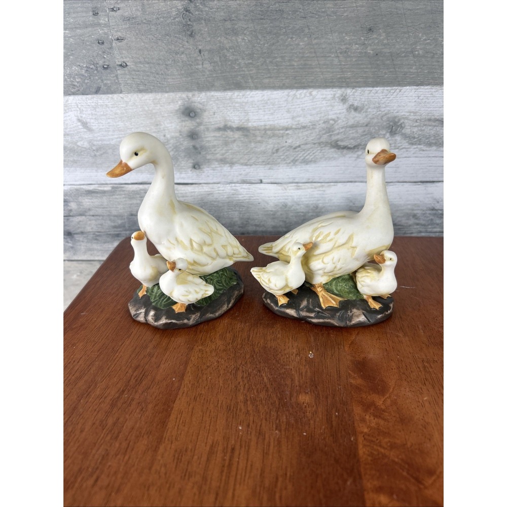 Pair of Vintage "K's Collection" White Goose and Goslings Porcelain Figurines.